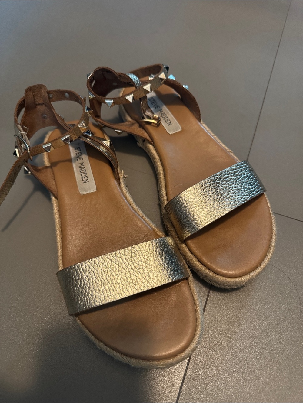 Steve Madden Metallic Gold Leather Studded Ankle-Strap Sandals